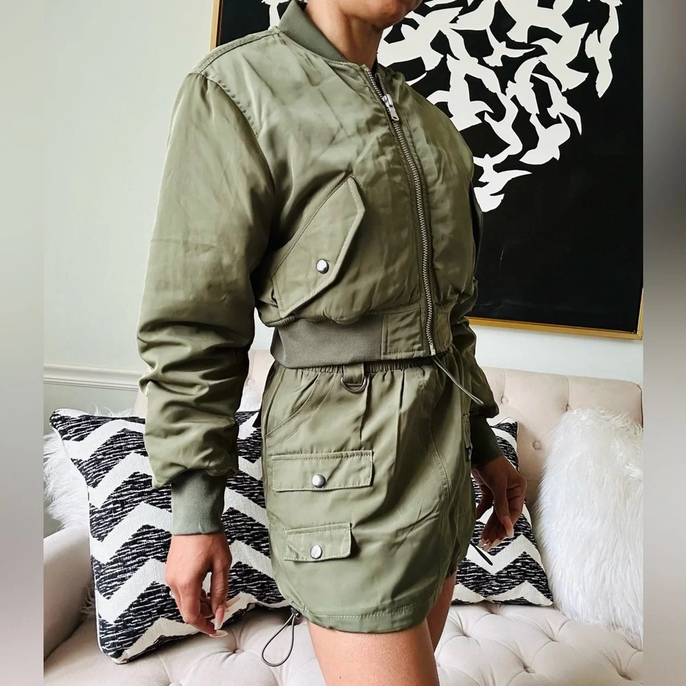 Fashion Nova Olive Green Got to Get Away Bomber Skirt Set - Picture 3 of 11